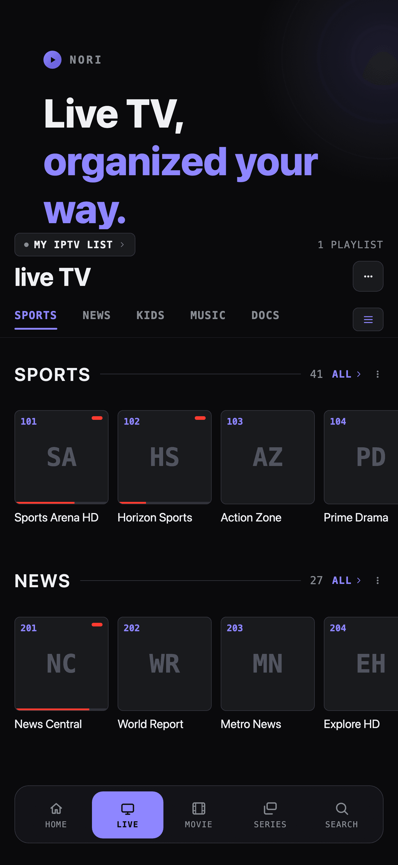 Nori's Live TV screen showing categorized channel rails